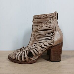 Freebird By Steven Bela Sandals Womens 9 Beige Leather Braided Cutout Block Heel